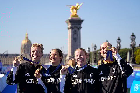 Mixed relay triathlon: Gold medalists of Germany's Tim Hellwig, Lisa Tertsch, Lasse Luehrs, Laura Lindemann